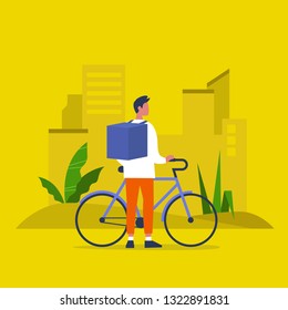 Food delivery service. Young male courier with a large backpack riding a bike. Flat editable vector illustration, clip art
