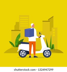 Food delivery service. Young male courier with a large backpack riding a motor bike. Flat editable vector illustration, clip art