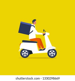 Food Delivery Service. Young Male Courier With A Large Backpack Riding A Motor Bike. Flat Editable Vector Illustration, Clip Art