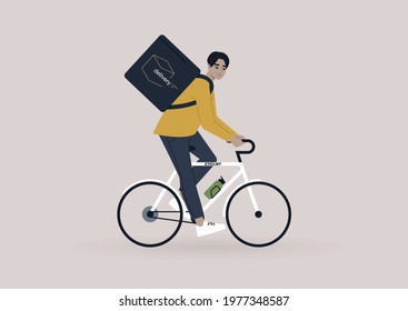 Food delivery service, a young male Asian courier riding a bike