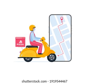 Food delivery service.Online shipping application, smartphone with gps mark on screen. Tracking courier by map application. 