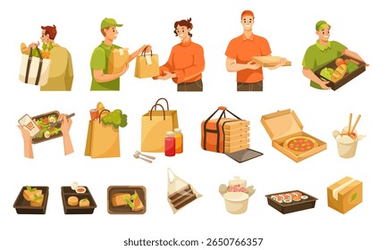 Serviços de entrega de alimentos Ilustrações com pessoal de entrega, pratos e mais
