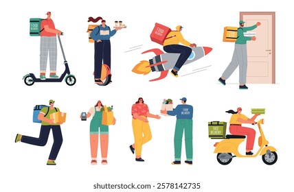 Food delivery services. Transporting products different ways, people bring orders, couriers with boxes, backpacks and containers, vector set