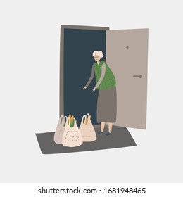 Servicios de entrega de alimentos en cuarentena para pensionistas. No hay ayuda del servicio de entrega de contactos. Vieja cerca de la puerta de casa y bolsa de envío con productos. Autoaislamiento para mayores. Iluminación vectorial