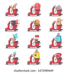 Food delivery set. Cute courier characters on the moped. Vector cartoon illustration isolated on background.