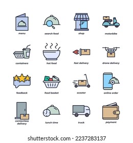 food delivery set icon, isolated food delivery set sign icon, icon color editable. vector illustration