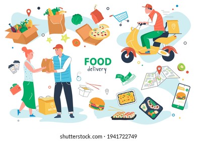 La entrega de alimentos estableció elementos aislados. Courier da orden al cliente en casa. Paquete de símbolos de servicio de entrega - transporte, paquetes, seguimiento, aplicación móvil. Ilustración vectorial en diseño de dibujos animados planos