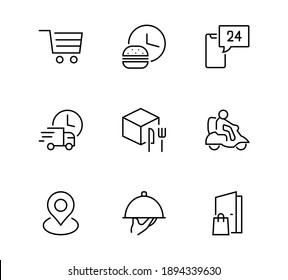 Food Delivery Set of vector line icons contain courer, home delivery, online ordering and more. Editable stroke, quality icon