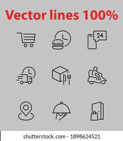 El juego de entrega de alimentos de los iconos de la línea vectorial contiene el curso, la entrega en el hogar, el pedido en línea y más. Icono de trazo editable, de calidad