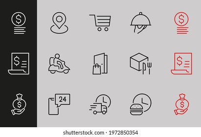 Food Delivery Set of vector line icons contain courer, home delivery, online ordering and more. Editable stroke, quality icon