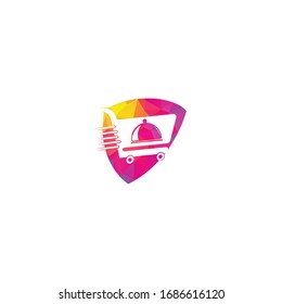 Food delivery shield shape concept logo design. Fast delivery service sign. Delivery logo online food ordering restaurant.	