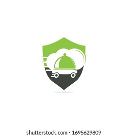 Food delivery shield shape concept logo design. Fast delivery service sign. Delivery logo online food ordering restaurant.	