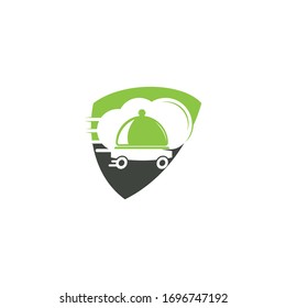 Food delivery shield shape concept logo design. Fast delivery service sign. Delivery logo online food ordering restaurant.	