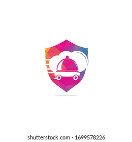 Diseño del logotipo del concepto de la forma del escudo de entrega de alimentos. Señal de servicio de entrega rápida. Logotipo de entrega en el restaurante de pedido de comida en línea.	

