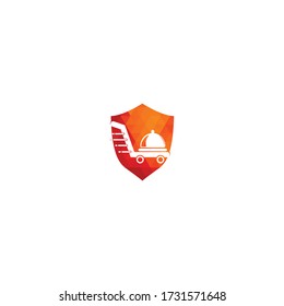 Food delivery shield shape concept logo design. Fast delivery service sign. Delivery logo online food ordering restaurant.	