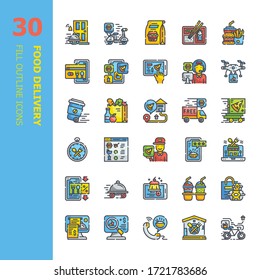 Food Delivery, shipping and delivery, Restaurant food ordering  30 Fill Outline icons set.Icon design for web design,mobile application,website and graphic design. 