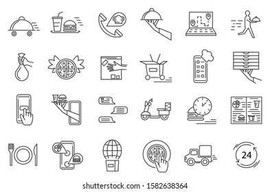 Food Delivery Sign Black Thin Line Icon Set Include of Pizza, Drink and Hamburger. Vector illustration of Icons