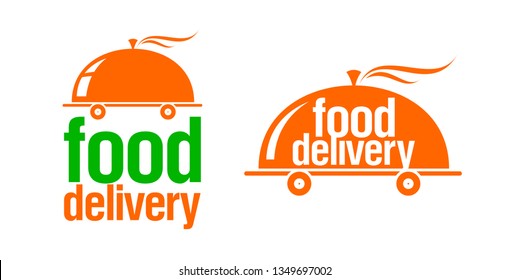 Food delivery signs or logos set, fast and hot cloche on wheels symbol