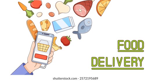 Food delivery smartphone app concept with hand holding mobile device and cartoon grocery items floating into screen including bread, fish and meat, fruits and vegetables, milk package and cheese.