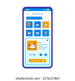 Food delivery smartphone app interface vector template. Mobile application page layout. Chinese cuisine menu. Flat UI. Restaurant online ordering. Phone display with sushi, dessert, drinks