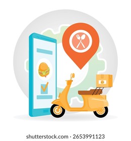 Food delivery with a smartphone app interface, delivery scooter, and location marker. Ideal for promoting on-demand service and restaurant delivery. Take away lunch and snack concept.