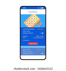 Food delivery smartphone interface vector template. Mobile app page blue design layout. Online chinese food ordering screen. Flat UI for application. Sushi bar, restaurant menu. Phone display