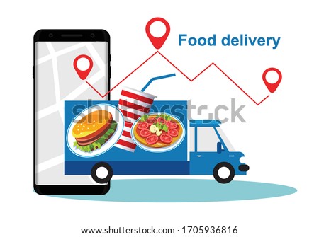 Food delivery. Smartphone for ordering fast foods with a truck for delivery. Vector image.