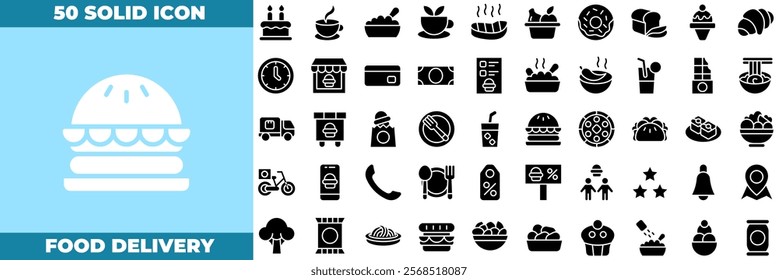 Food Delivery Solid Editable Icons set. Vector illustration in modern thin solid style of food delivery icons: food, restaurant, fast food, scooter, application, deliver, etc