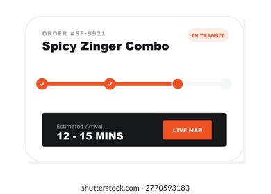 Food delivery status tracker interface for restaurant order tracking and live map navigation on website or mobile app