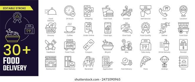 Food Delivery Stroke icon collections. Contains such Icons as Courier on the bike, Food Box, Contactless Delivery and more. Stroke icon collection Outline icon