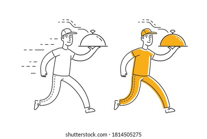Food delivery symbol. Deliveryman carries restaurant cloche
