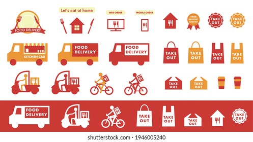 Food delivery and takeaway icon illustration set