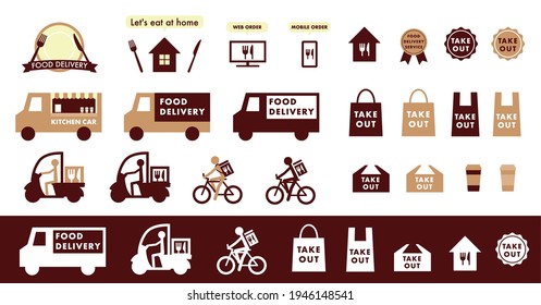 Food delivery and takeaway icon illustration set