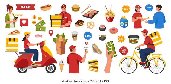 Food delivery. Takeaway lunch. Courier on fast scooter or bike. People with sushi or pizza. Meal sale. Online service app. Pay for purchase. Cafe delivering elements set. Vector flat tidy illustration