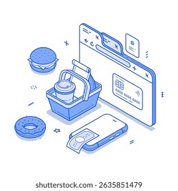 Food delivery takeaway order online payment shopping web browser minimalist isometric vector illustration. Meal dish marketplace cafe restaurant menu courier cuisine shipping internet service