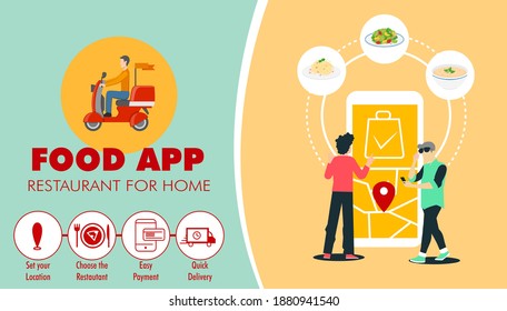 Food delivery template banner art. Food app ordering system. Pizza, hamburger, sushi, noodles restaurant.