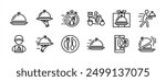 Food delivery thin line icon vector set. Express, fast, speed or quick service for shipping catering order online. Containing tray, cloche, courier, time, fork, spoon, plate, package, waiter