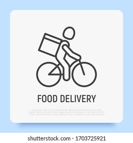 Food delivery thin line icon: man on bicycle with parcel box on the back. Safety delivery during coronavirus quarantine. Vector illustration.