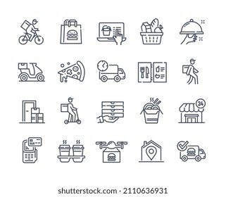 Food delivery thin line icon set. Bunch of minimalistic stickers with pizza delivery man, location, contactless payment and cups of coffee. Cartoon flat vector collection isolated on white background