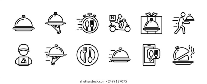 Food delivery thin line icon vector set. Express, fast, speed or quick service for shipping catering order online. Containing tray, cloche, courier, time, fork, spoon, plate, package, waiter