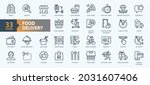 Food delivery - thin line web icon set. Contains such Icons as contactless delivery, lunch time, food basket and more. Outline icons collection. Simple vector illustration.