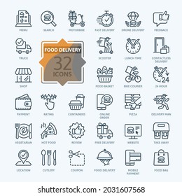 Food delivery - thin line web icon set. Contains such Icons as contactless delivery, lunch time, delivery man, food basket and more. Outline icons collection. Simple vector illustration.