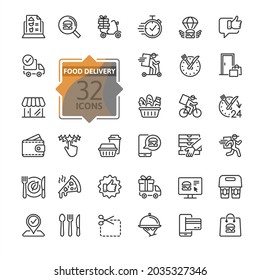 Food delivery - thin line web icon set. Contains such Icons as contactless delivery, lunch time, food basket and more. Outline icons collection. Simple vector illustration.