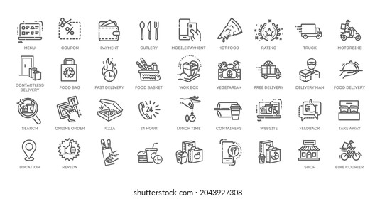 Food delivery - thin line web icon set. Outline icons collection