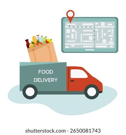 Food delivery truck with groceries and digital map indicating delivery route concept background vector