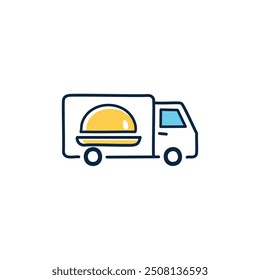 Food delivery truck icon. Flat vector icon illustration of a delivery truck with a food symbol, perfect for food delivery, restaurant, or online ordering apps.