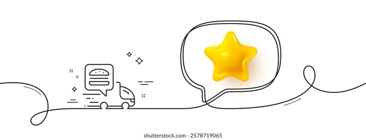 Food delivery truck line icon. Continuous line with 3d star. Contactless meal order sign. Grocery delivery symbol. 3d star in speech bubble. Food delivery single line ribbon. Vector