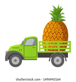Food delivery truck pineapple.Fruit harvest.Car illustration vector.Vegan and vegetarian food.Vehicle side view.