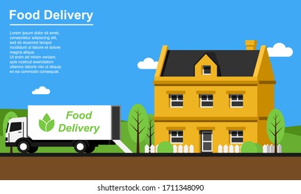 Food delivery truck and suburban house flat vector illustration.