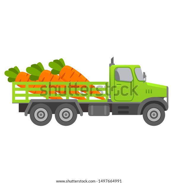 Food\
delivery truck vegetable.Carrots harvesting.Car illustration\
vector. Vehicle side view.Vegan and vegetarian\
food.